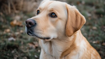 A golden Labrador dog gazes curiously in an outdoor setting, capturing a moment of tranquility and loyalty. The soft fur and expressive eyes show its gentle nature.