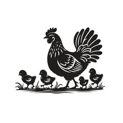 simple Black and white vector silhouette of mother hen and her chicks looking for food