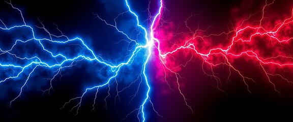 Electric blue and red lightning bolts collide in a dark void, creating a vibrant energy clash, artwork, sparkle