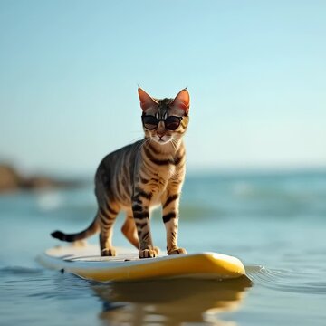 Stylish cat confidently balances on a surfboard while floating on calm ocean waters