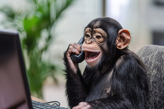 Funny image of cheerful monkey talking on phone in modern office setting. Perfect for humorous concepts, marketing campaigns and workplace illustrations