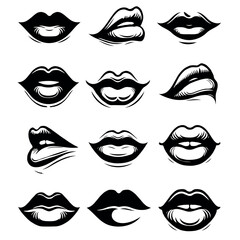 Adobe Illustrator Artwork Collection of hand-drawn lips illustrations. Set of female lips, stylish lip black and white designs, lip outlines in various shapes and styles. 