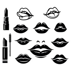 Adobe Illustrator Artwork Collection of hand-drawn lips illustrations. Set of female lips, stylish lip black and white designs, lip outlines in various shapes and styles. 