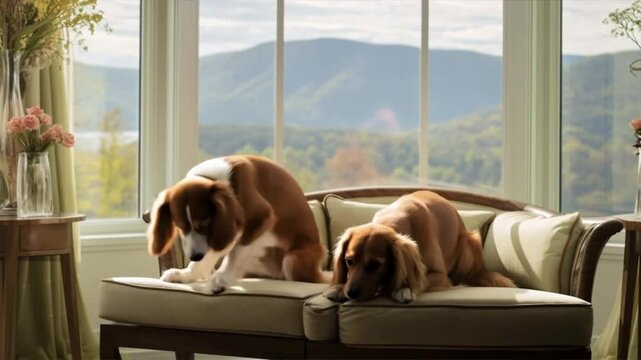 Two friendly dogs relaxing together on a comfortable couch with a beautiful mountain view outside.