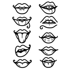 Adobe Illustrator Artwork Collection of hand-drawn lips illustrations. Set of female lips, stylish lip black and white designs, lip outlines in various shapes and styles. 
