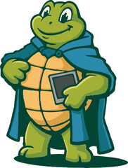 Obraz premium A cheerful cartoon turtle mascot stands upright, wearing a flowing blue cape. 