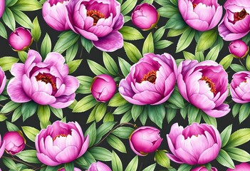 Fototapeta premium Elegant watercolor seamless pattern featuring delicate purple peony blossoms and lush green leaves , fresh, background