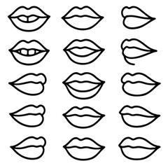 Adobe Illustrator Artwork Collection of hand-drawn lips illustrations. Set of female lips, stylish lip black and white designs, lip outlines in various shapes and styles. 