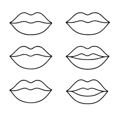 Adobe Illustrator Artwork Collection of hand-drawn lips illustrations. Set of female lips, stylish lip black and white designs, lip outlines in various shapes and styles. 