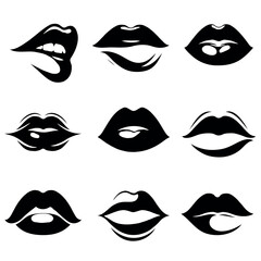 Adobe Illustrator Artwork Collection of hand-drawn lips illustrations. Set of female lips, stylish lip black and white designs, lip outlines in various shapes and styles. 