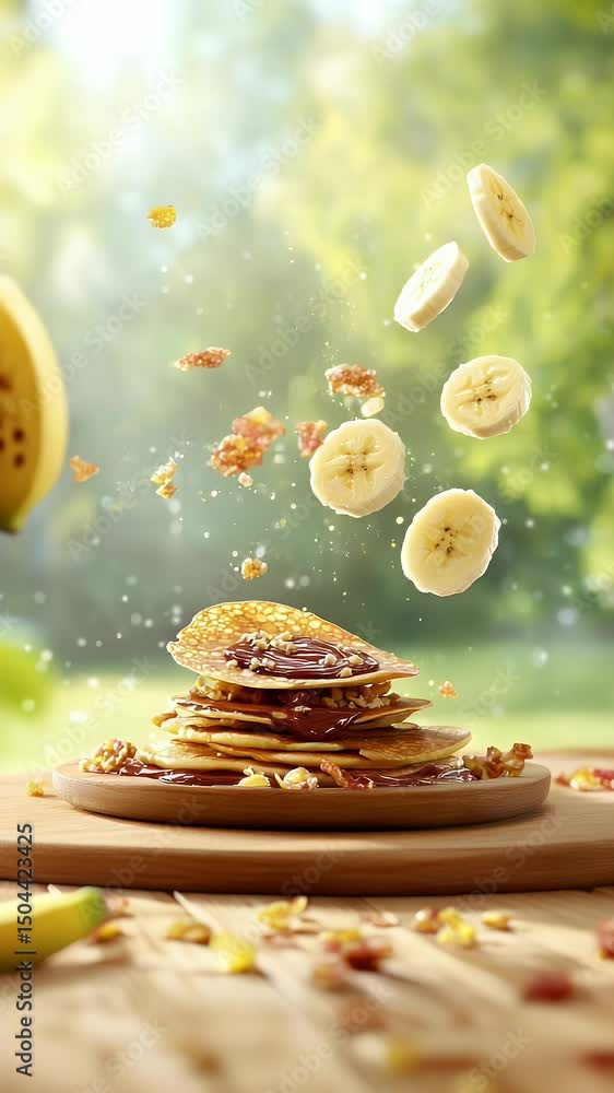 Poster pancakes with toppings falling in slow motion