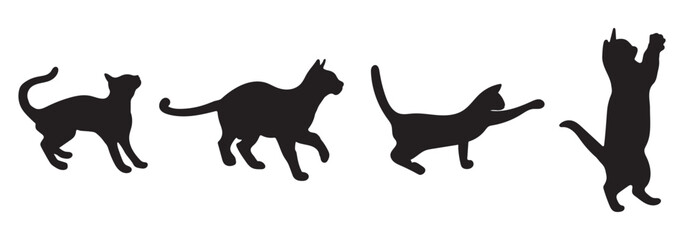 Vector Set of Black Cat Silhouettes in Various Poses – Sitting, Playing, Jumping, Walking, Elegant cat sitting side view with turn around head. Black cat silhouette. eps 10
