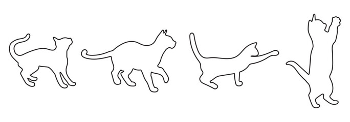 Set of cats silhouette in different poses. Hand drawn black cats isolated on white background. Vector illustration of Halloween decorative elements for design decor. Cat set isolated silhouette vector