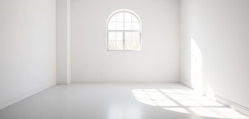 Fototapeta premium Empty white room, sunlight streams through window, dramatic shadows on walls, sunbeam, airy
