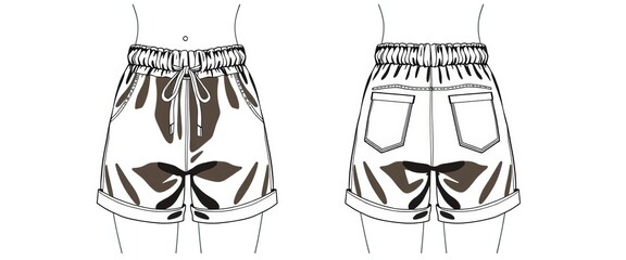 Flat sketch of women's drawstring paper bag waist shorts; front and back views Technical CAD drawing template with ample empty space,  empty space, shorts template