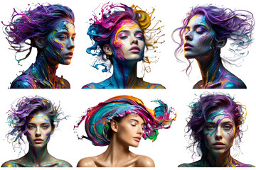 Obraz premium Six colorful women paint splatter portraits isolated on transparent background