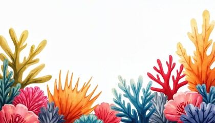 Watercolor painting of coral reef, ocean theme frame border. Colorful tropical floral, marine elements in illustration. Underwater life, aquatic nature theme. Design for print, background, wallpaper.