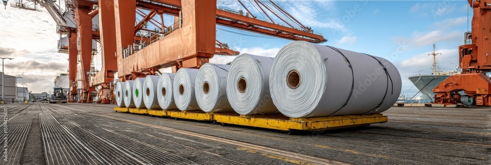 Poster stretch-wrapped insulation rolls stacked on cargo platform in industrial setting with cranes operati