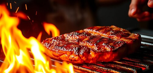 Juicy beef steak grilling over vibrant flames, sparks flying, sound, food photography