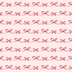 Seamless pattern with red ribbon bow and wavy line garland. Elegant and festive linear design. Perfect for wrapping, wallpaper, fabric, stationery, gift decor, and seasonal surface design.
