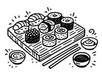 Illustration of sushi on a table, with sauces and wasabi. Vector doodle illustration, isolated on white background