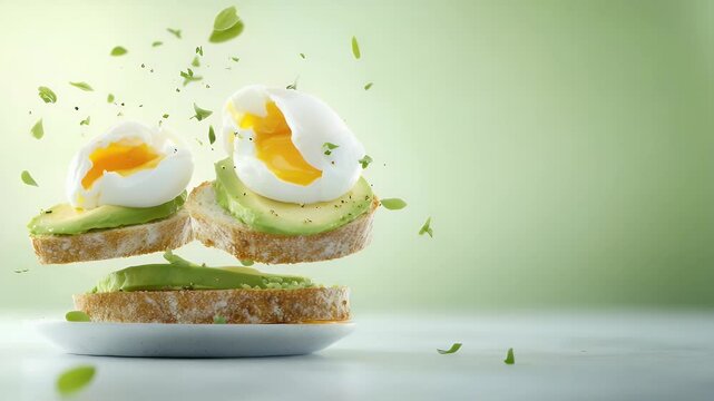 Poached egg avocado toast floating levitating breakfast