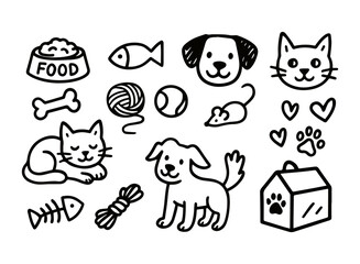 Obraz na płótnie Canvas Vector set of pets in doodle style. Hand drawn. Pet accessories elements: bone, paw, leash, food, cat and dog