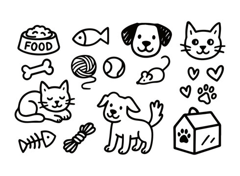 Vector set of pets in doodle style. Hand drawn. Pet accessories elements: bone, paw, leash, food, cat and dog