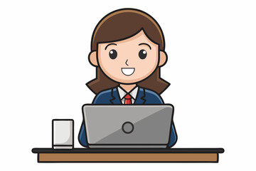 Cute cartoon businesswoman sitting at a desk vector illustration