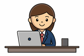 Cute cartoon businesswoman sitting at a desk vector illustration