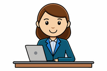 Cute cartoon businesswoman sitting at a desk vector illustration