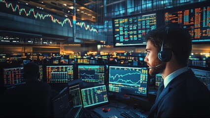 Serious Stock Trader Looks At Camera While On Trading Floor
