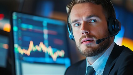 Serious Stock Trader Looks At Camera While On Trading Floor