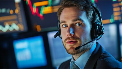 Serious Stock Trader Looks At Camera While On Trading Floor