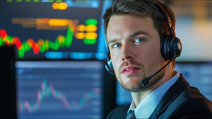 Serious Stock Trader Looks At Camera While On Trading Floor