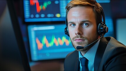 Serious Stock Trader Looks At Camera While On Trading Floor
