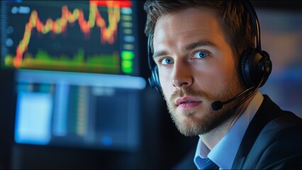 Serious Stock Trader Looks At Camera While On Trading Floor