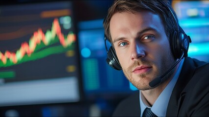 Serious Stock Trader Looks At Camera While On Trading Floor