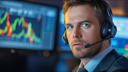 Serious Stock Trader Looks At Camera While On Trading Floor
