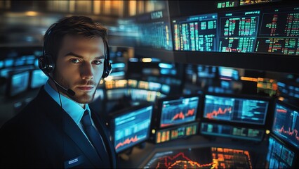 Serious Stock Trader Looks At Camera While On Trading Floor