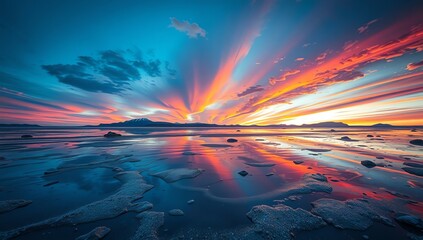 Stunning sunset over a frozen lake with vibrant sky reflections and distant mountains under dramatic clouds in the horizon