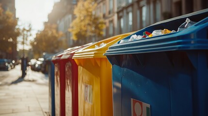 Colorful recycling bins on a city sidewalk promoting responsible waste disposal