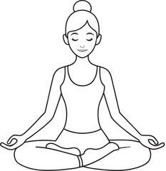Woman in lotus position meditating line art vector illustration