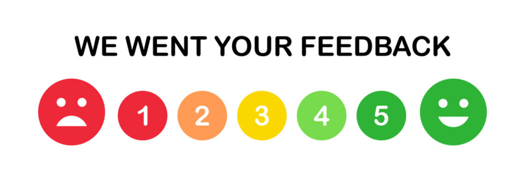We want your feedback rate scale 1 to 5 score. Colorful feedback survey vector template on white background. Customer feedbacks survey opinion service.