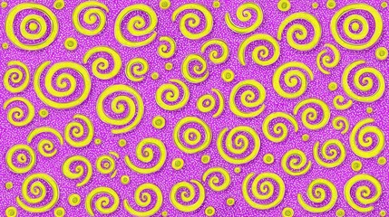 Vibrant and whimsical pattern with yellow spirals on dotted purple background playful design