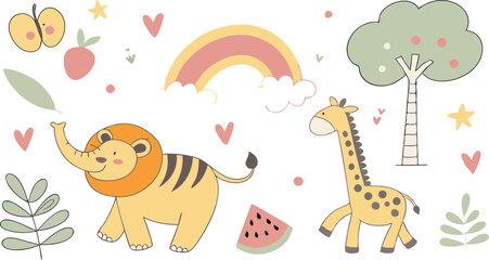 Naklejka premium Hand drawn Baby design for textile, posters, cards. Cute Baby animals pattern. Fabric baby design. Vector illustration with cute animals. Nursery baby pattern illustration of a variety Animels.