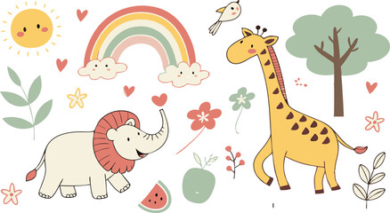 Naklejka premium Hand drawn Baby design for textile, posters, cards. Cute Baby animals pattern. Fabric baby design. Vector illustration with cute animals. Nursery baby pattern illustration of a variety Animels.