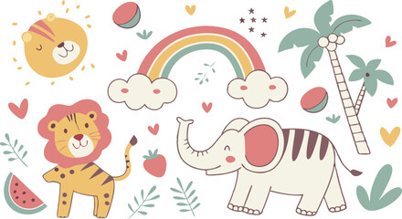 Hand drawn Baby design for textile, posters, cards. Cute Baby animals pattern. Fabric baby design. Vector illustration with cute animals. Nursery baby pattern illustration of a variety Animels.