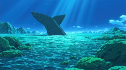 Coda di balena nell'oceano, luce divina, paesaggio marino digitale