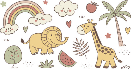 Hand drawn Baby design for textile, posters, cards. Cute Baby animals pattern. Fabric baby design. Vector illustration with cute animals. Nursery baby pattern illustration of a variety Animels.